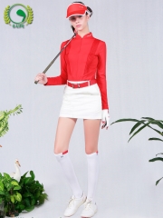 秋冬长袖高尔夫套装女T恤韩国显瘦气质红色上衣防走光短裙裤球服